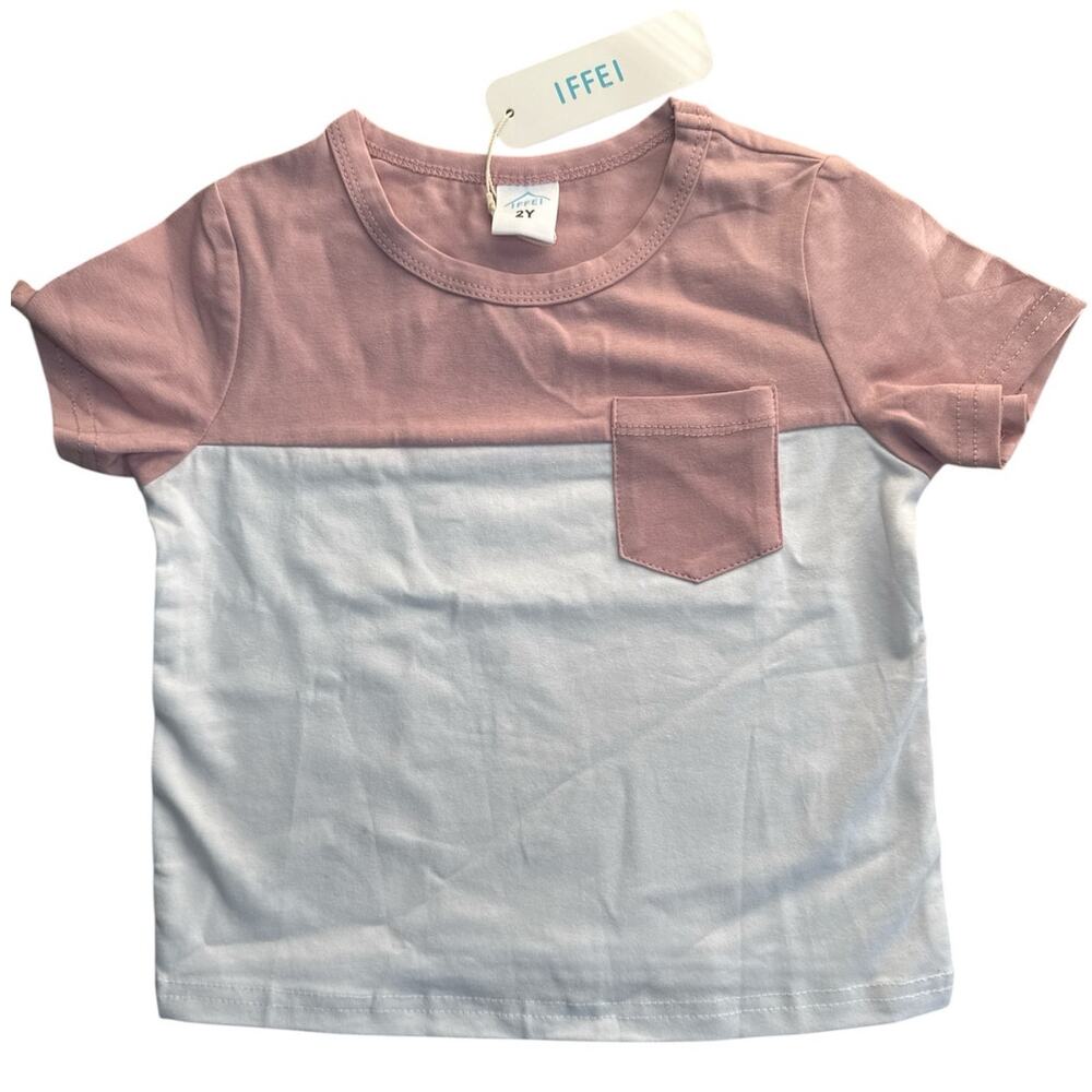 IFFEI 2Y Toddler Unisex Top‎ Short Sleeve Front Pocket White Pink T-Shirt NWT